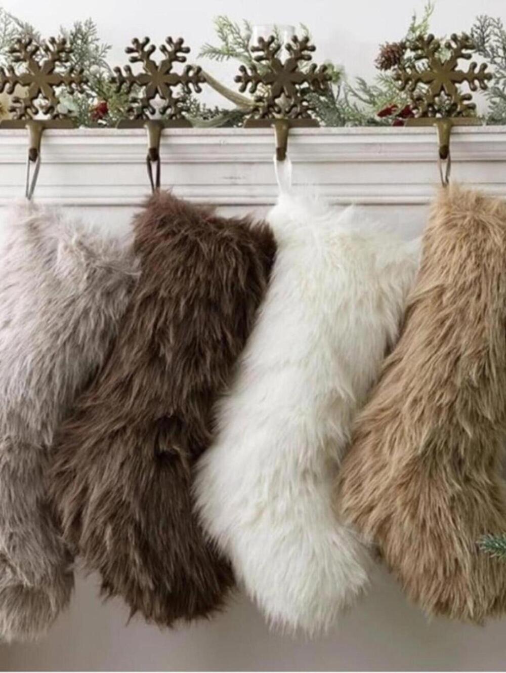🆕 Set 4 Fur Stockings Christmas Luxury Classic Neutral Cozy Winter Cabin NEW
